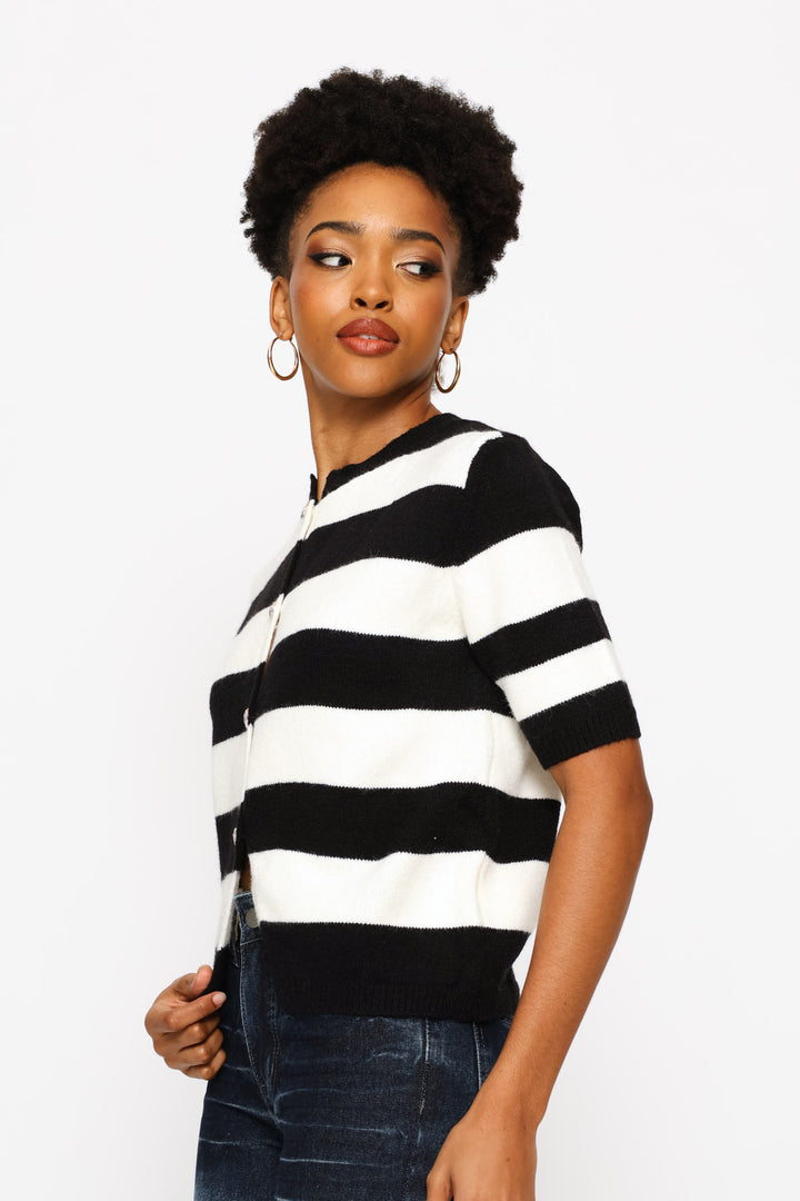 Short Sleeve Round Neck Cardigan - White/Black