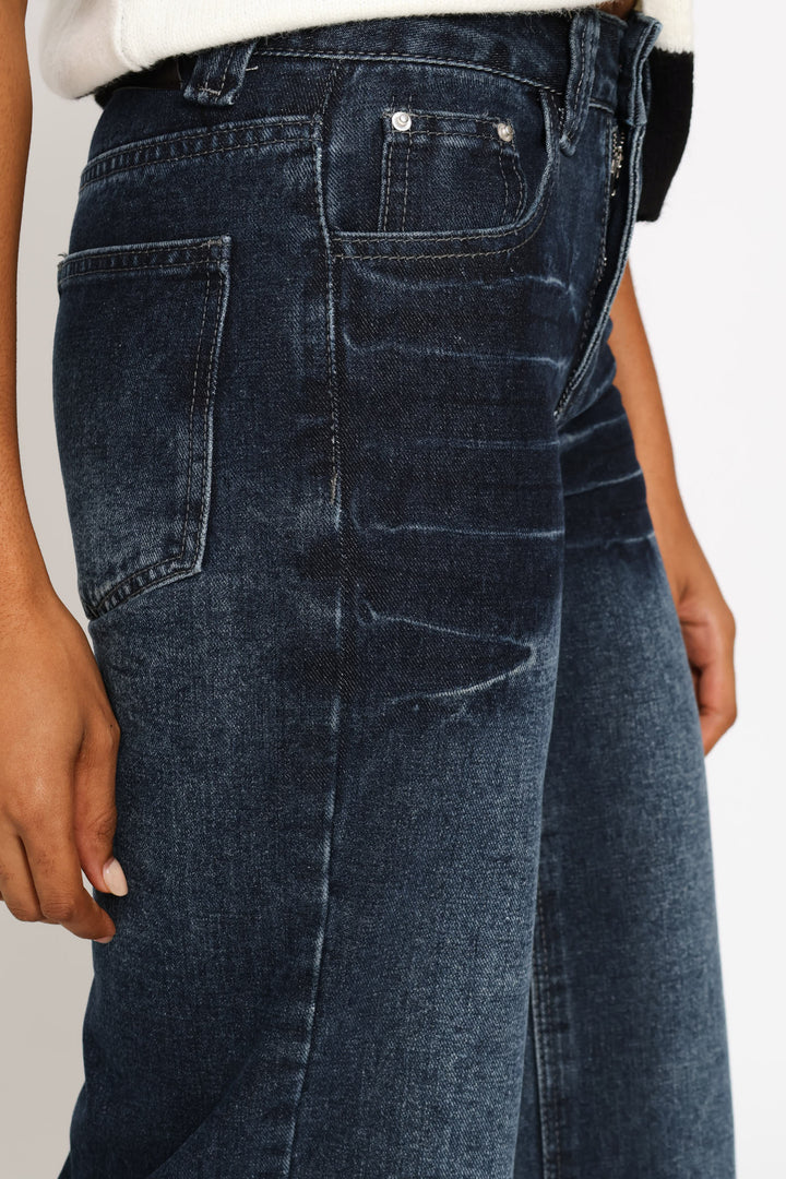Vintage Distressed Washed Denim Jeans - Blue