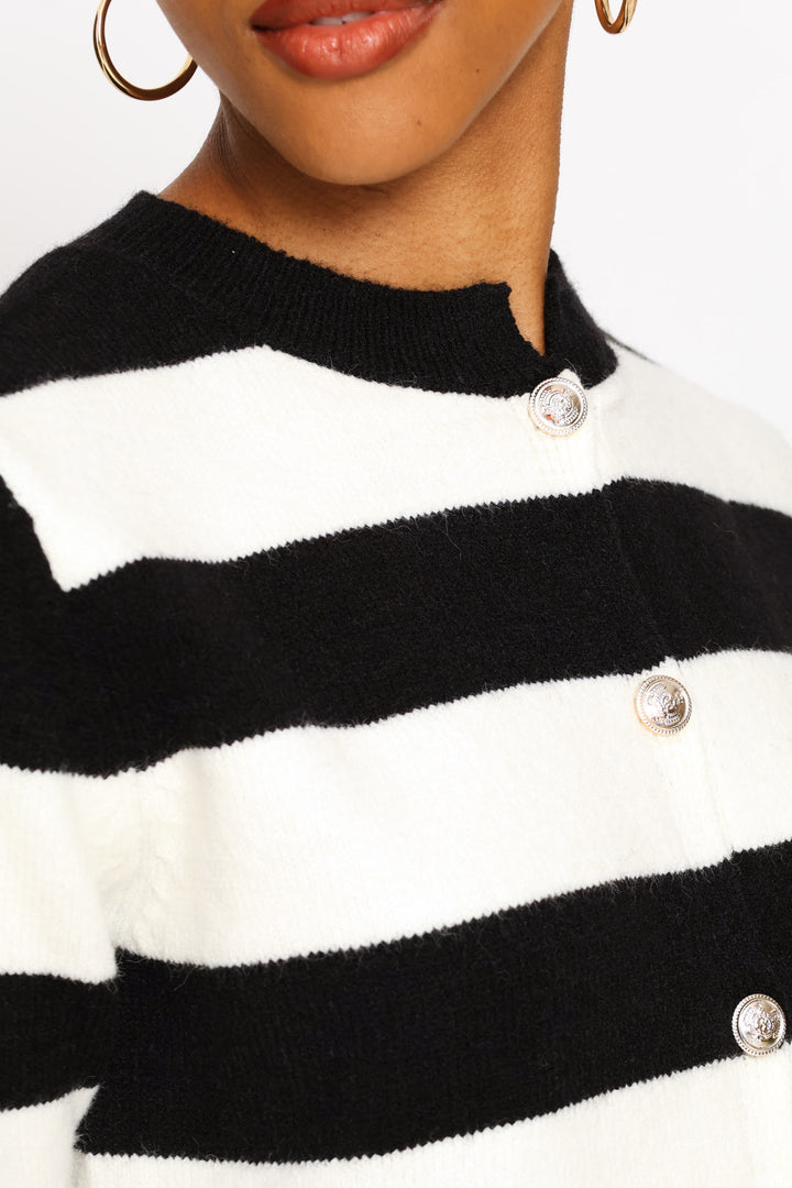 Short Sleeve Round Neck Cardigan - White/Black