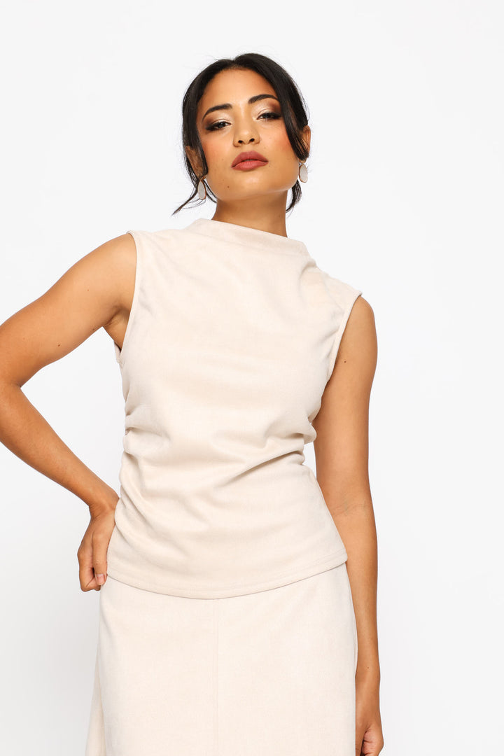 Hineck Suede Ruched Side Top - Rich Almond
