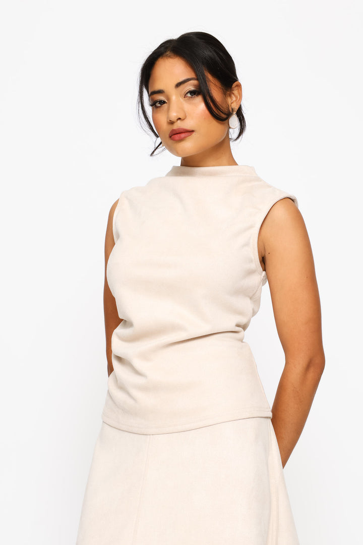 Hineck Suede Ruched Side Top - Rich Almond