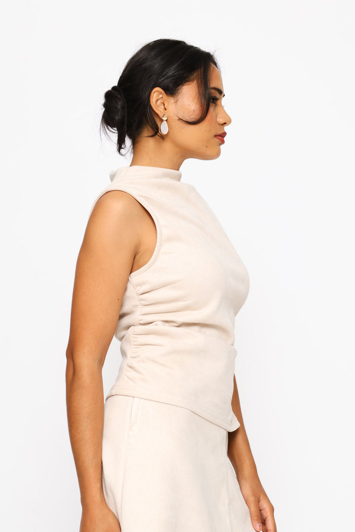 Hineck Suede Ruched Side Top - Rich Almond