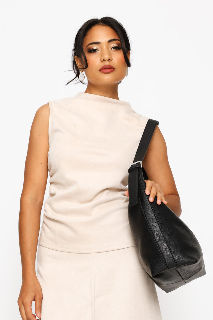 Hobo Bag With Buckle Strap Detail - Black