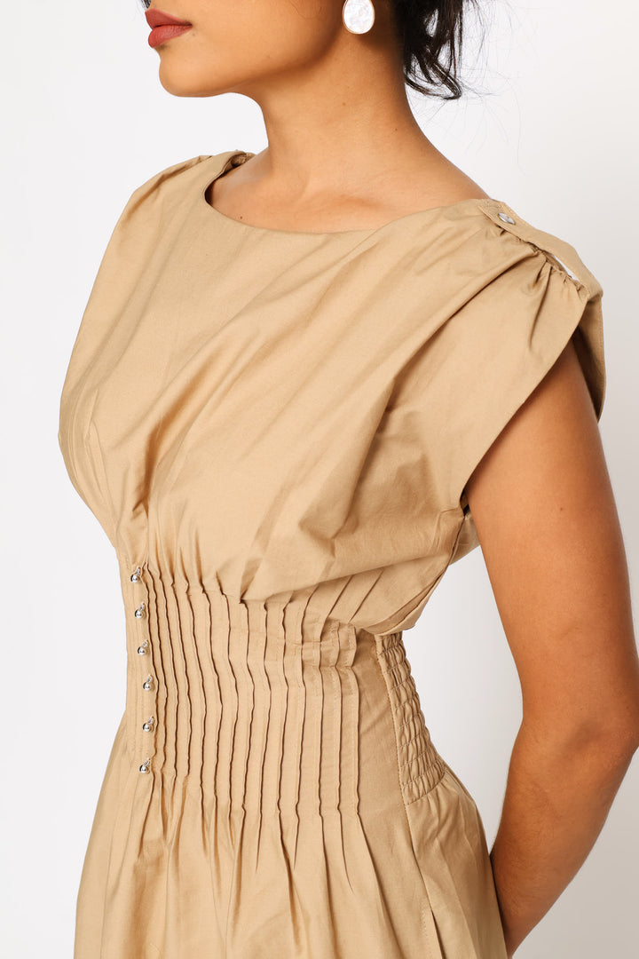 Pintuck Waist Boat Neck Fit & Flare Midaxi Dress - Biscuit