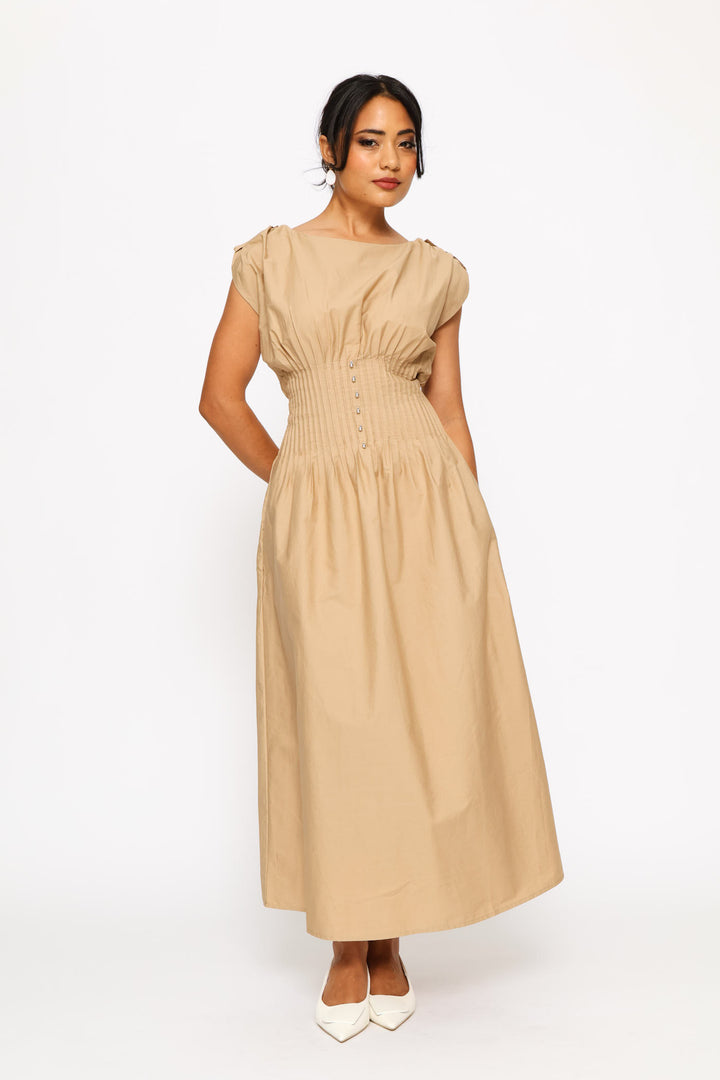 Pintuck Waist Boat Neck Fit & Flare Midaxi Dress - Biscuit