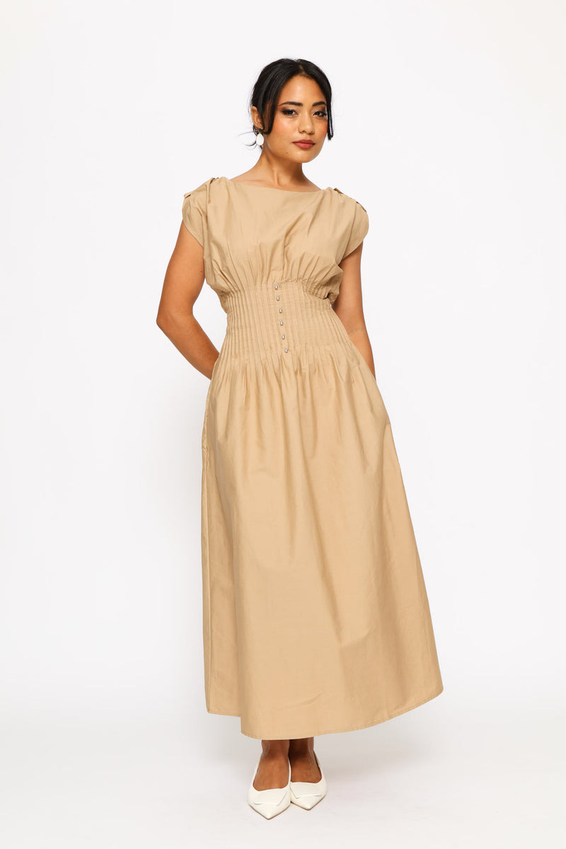 Pintuck Waist Boat Neck Fit & Flare Midaxi Dress - Biscuit