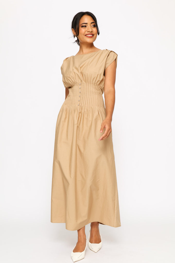 Pintuck Waist Boat Neck Fit & Flare Midaxi Dress - Biscuit