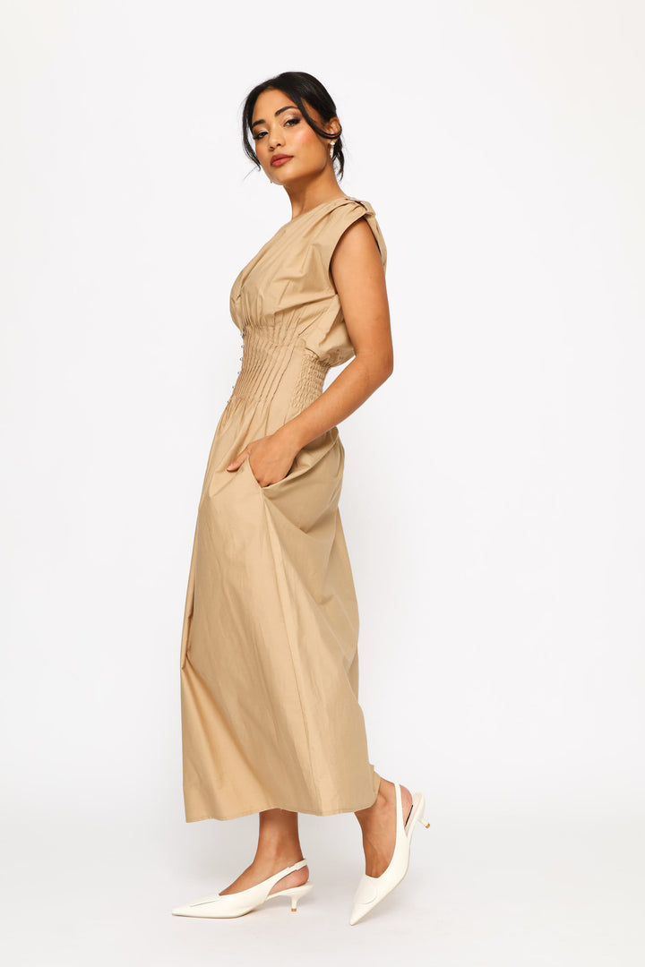 Pintuck Waist Boat Neck Fit & Flare Midaxi Dress - Biscuit