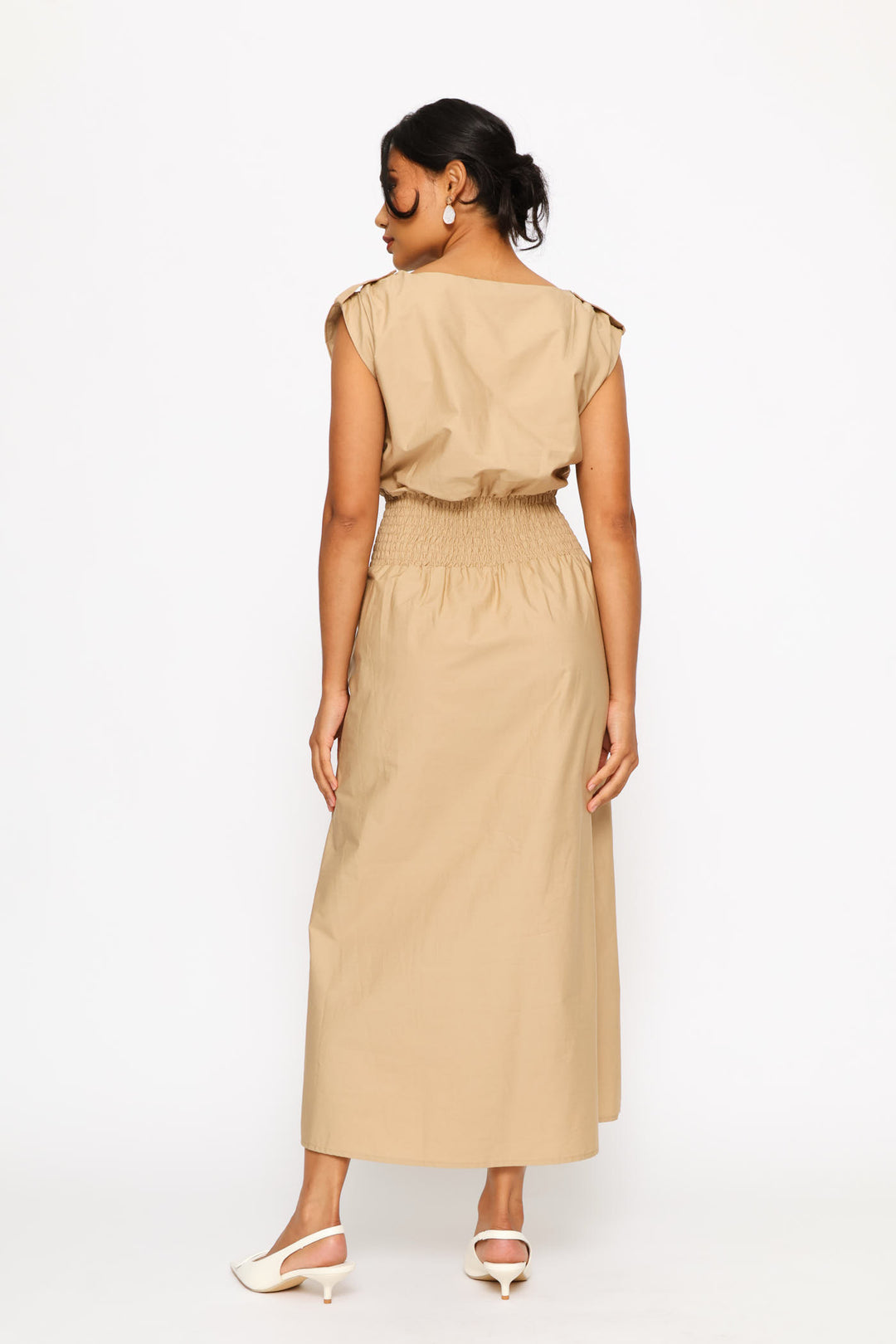 Pintuck Waist Boat Neck Fit & Flare Midaxi Dress - Biscuit