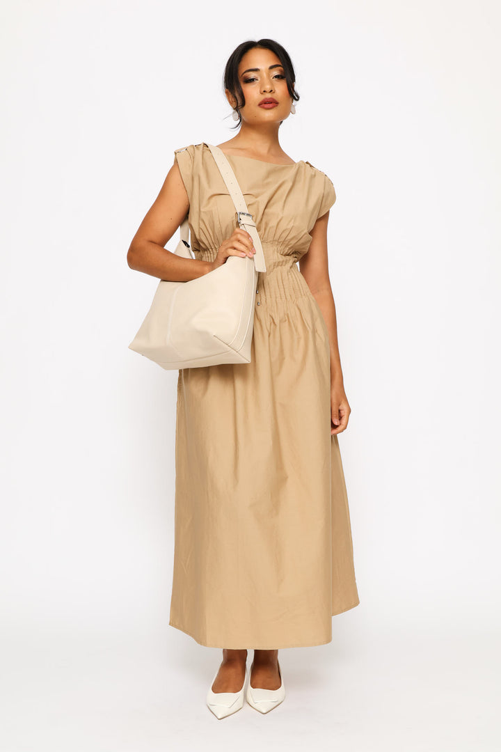 Hobo Bag With Buckle Strap Detail - Stone