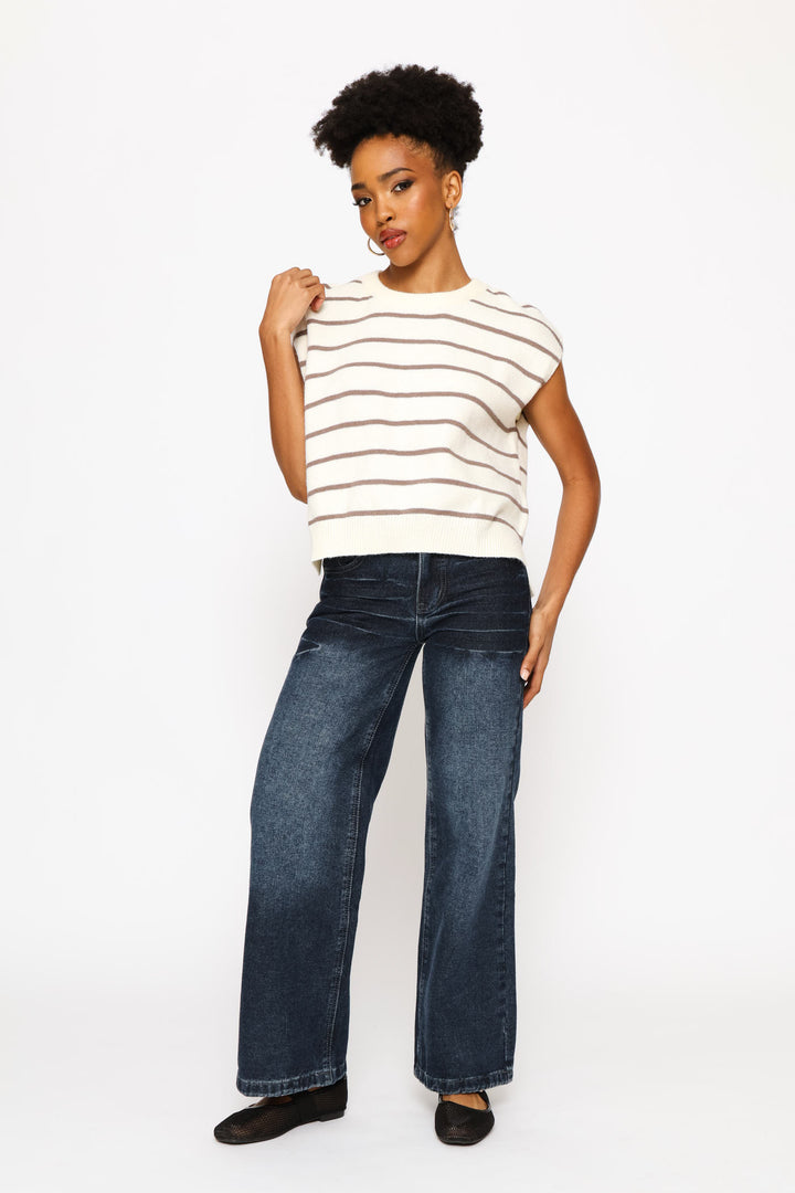 Short Sleeve Round Neck Pullover - Brown/White