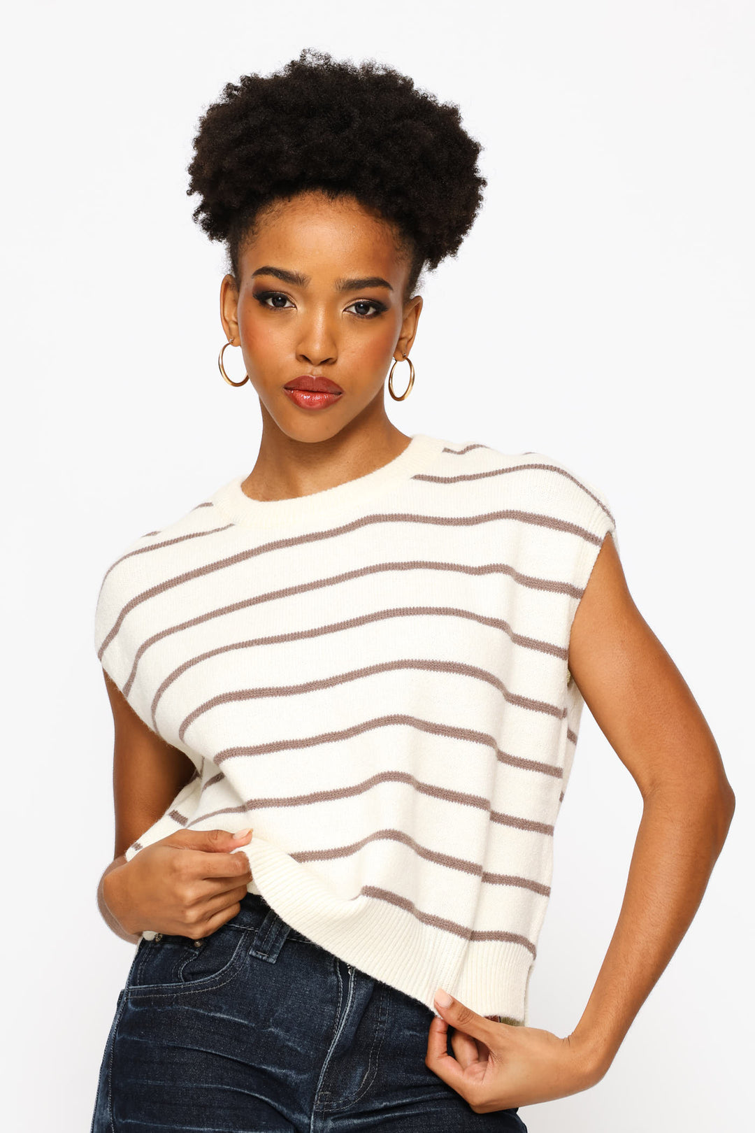 Short Sleeve Round Neck Pullover - Brown/White