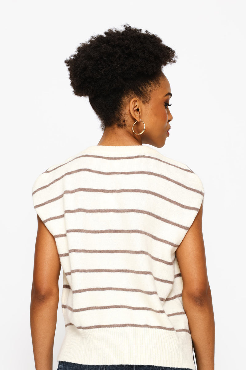 Short Sleeve Round Neck Pullover - Brown/White