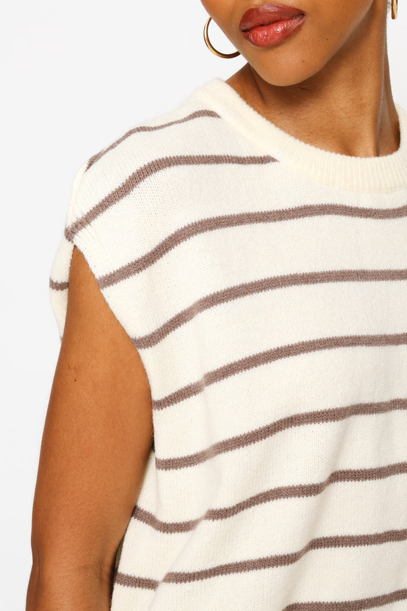 Short Sleeve Round Neck Pullover - Brown/White