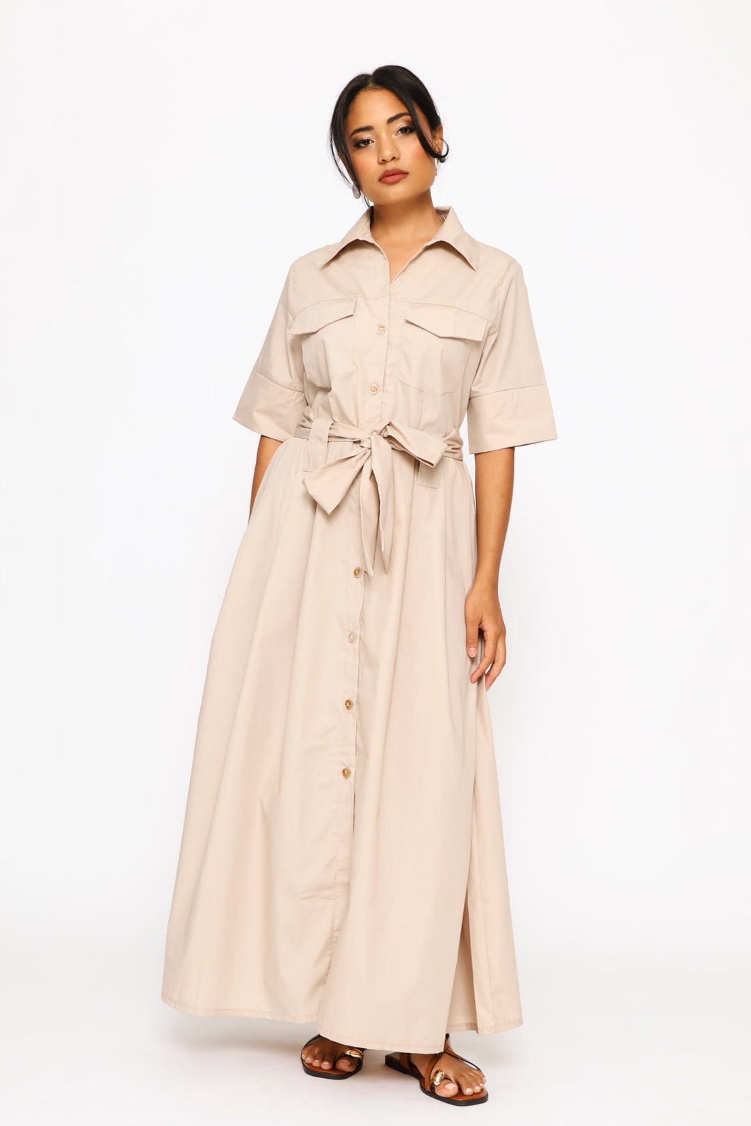 Utility Belted Poplin Shirt Dress - Stone