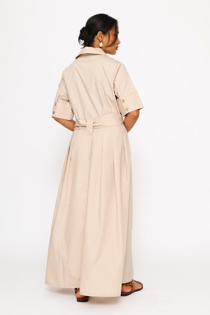 Utility Belted Poplin Shirt Dress - Stone