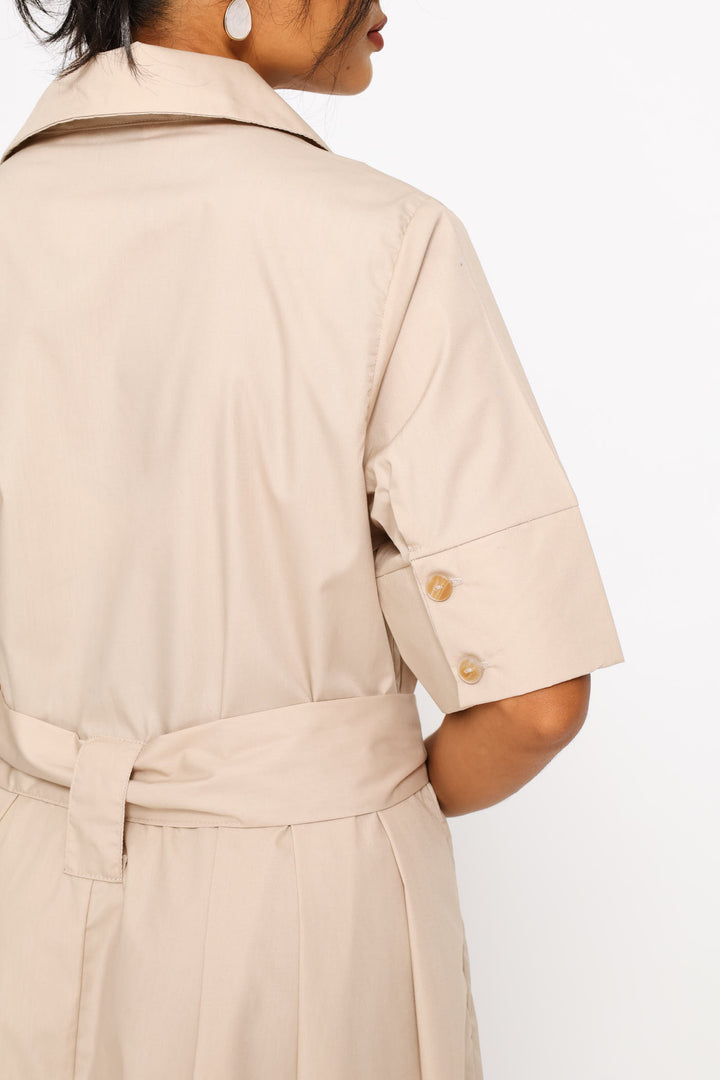 Utility Belted Poplin Shirt Dress - Stone