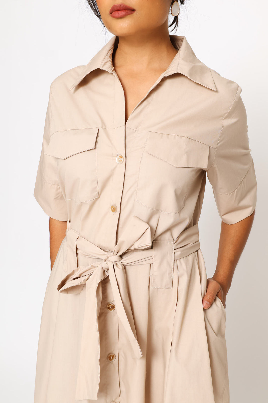 Utility Belted Poplin Shirt Dress - Stone