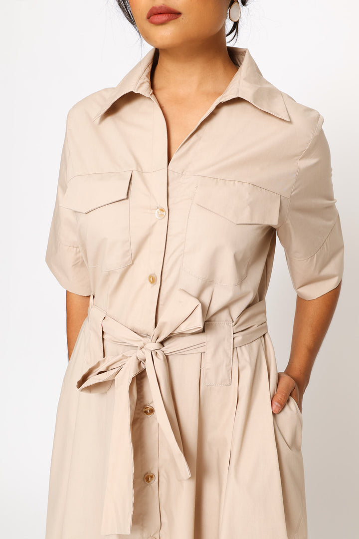 Utility Belted Poplin Shirt Dress - Stone