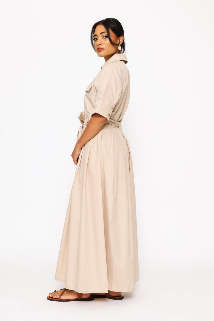 Utility Belted Poplin Shirt Dress - Stone
