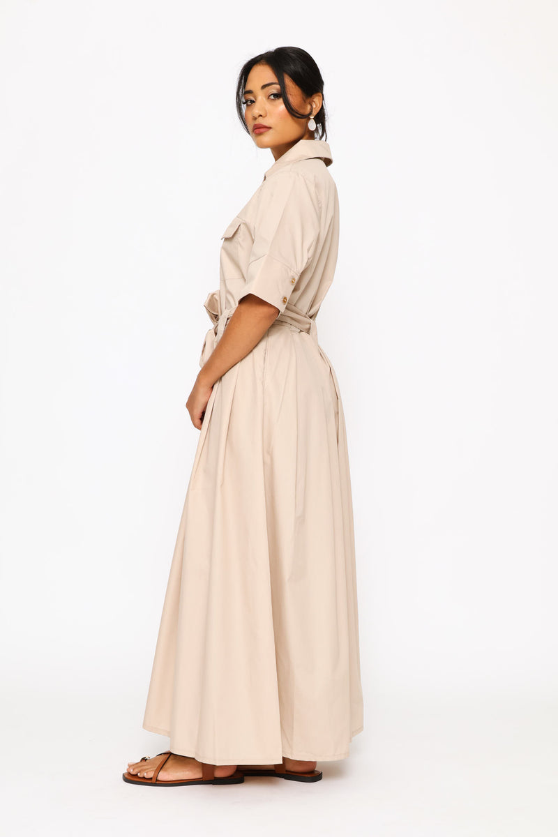Utility Belted Poplin Shirt Dress - Stone