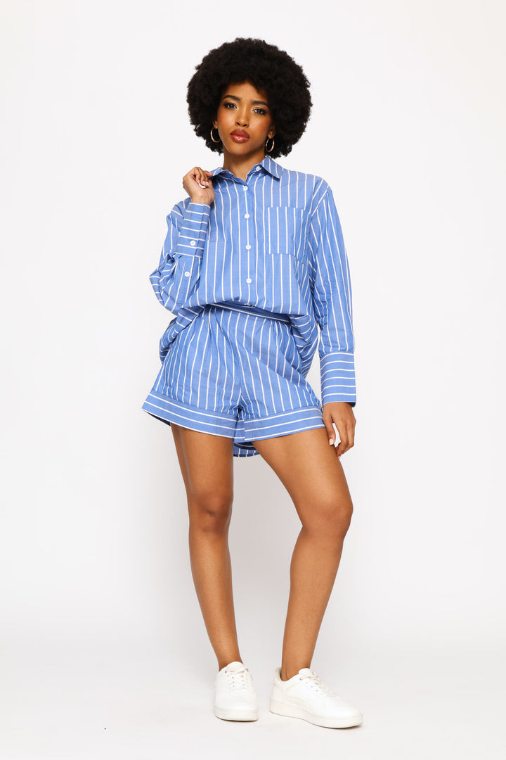 Long Sleeve Top & Short Set - White/Blue