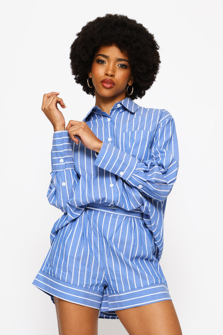 Long Sleeve Top & Short Set - White/Blue