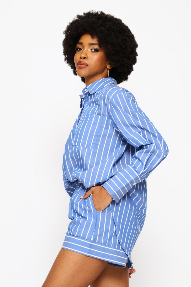 Long Sleeve Top & Short Set - White/Blue