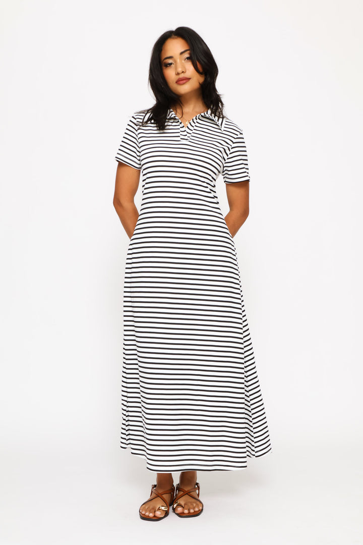 Fit & Flare Jacquard Stripe Midi Golfer Dress - Cream/Black