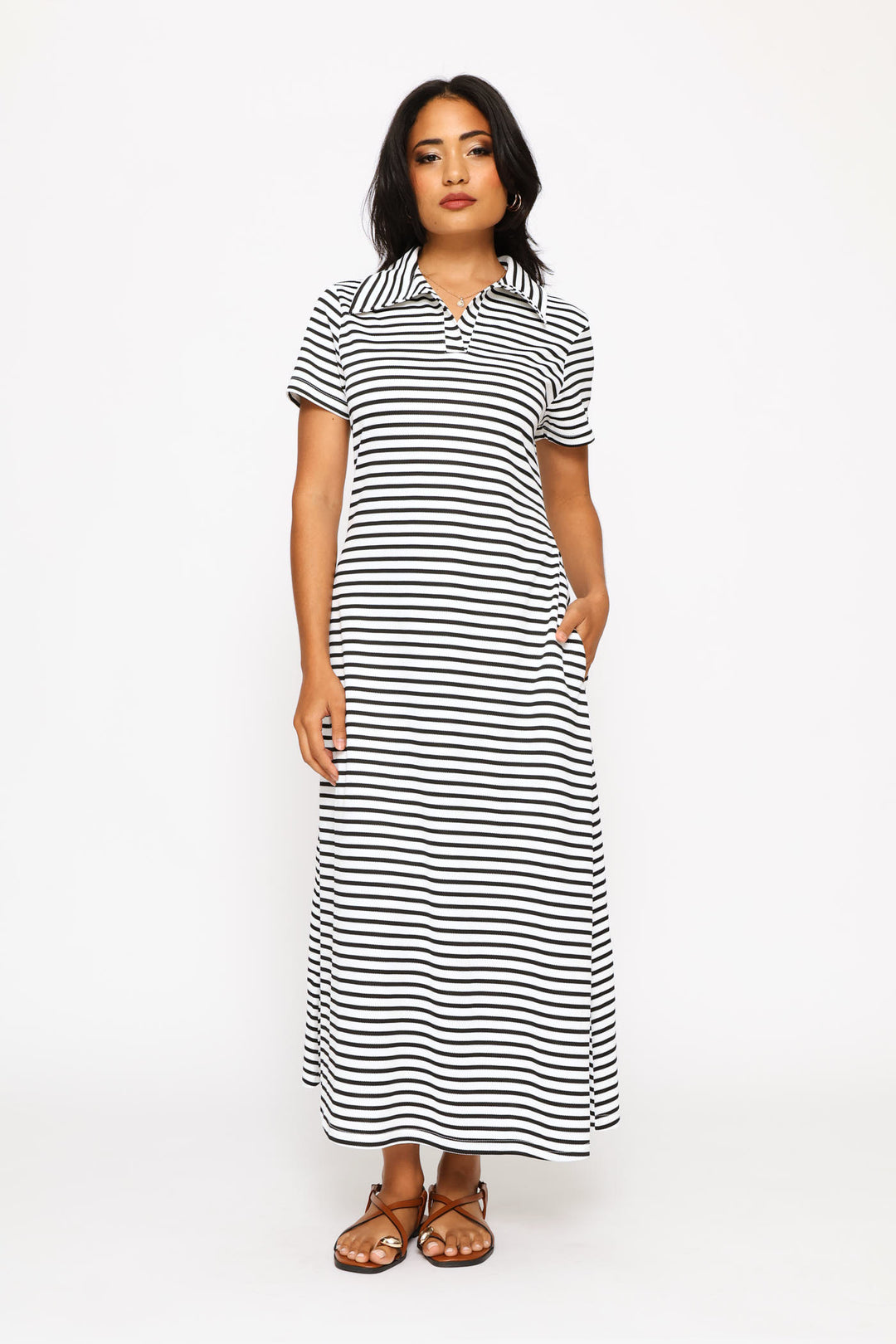 Fit & Flare Jacquard Stripe Midi Golfer Dress - Cream/Black