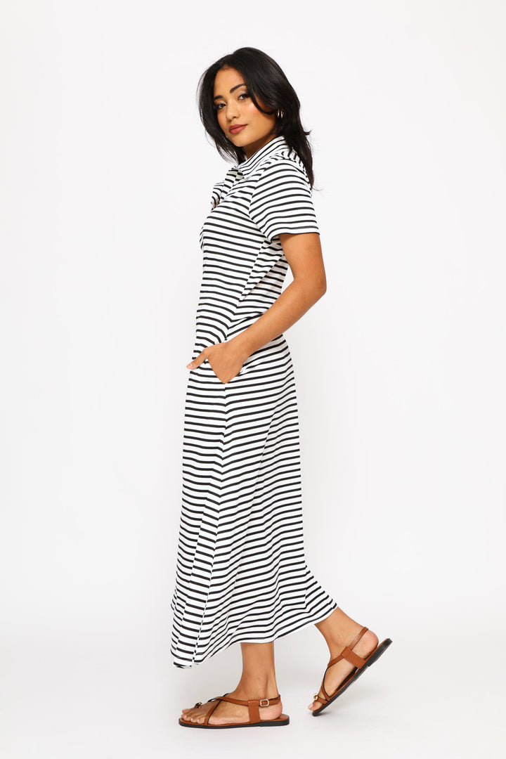 Fit & Flare Jacquard Stripe Midi Golfer Dress - Cream/Black