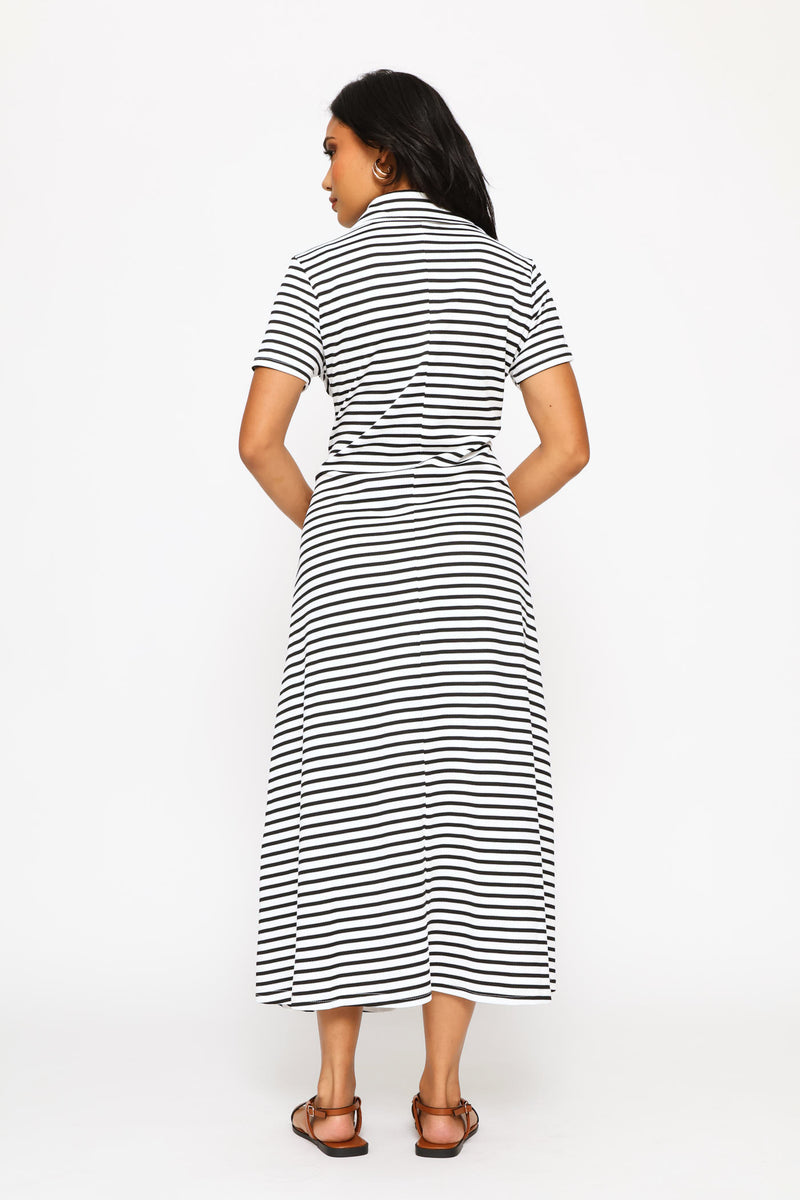 Fit & Flare Jacquard Stripe Midi Golfer Dress - Cream/Black