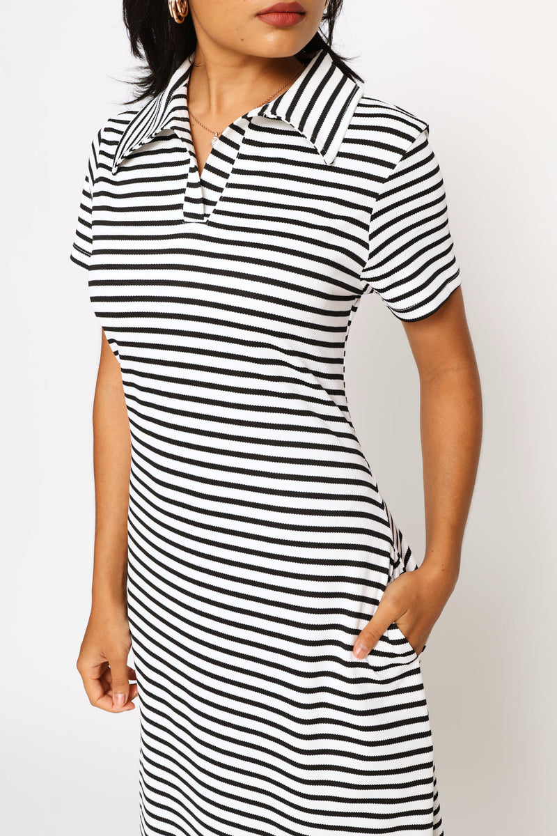 Fit & Flare Jacquard Stripe Midi Golfer Dress - Cream/Black