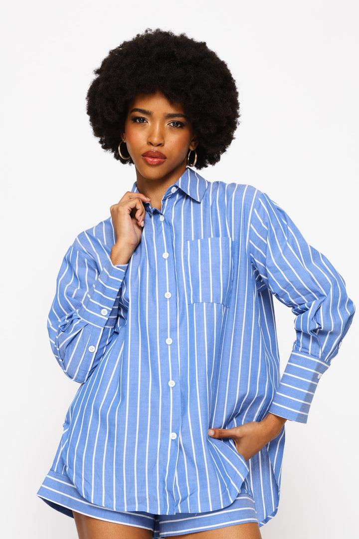 Long Sleeve Top & Short Set - White/Blue