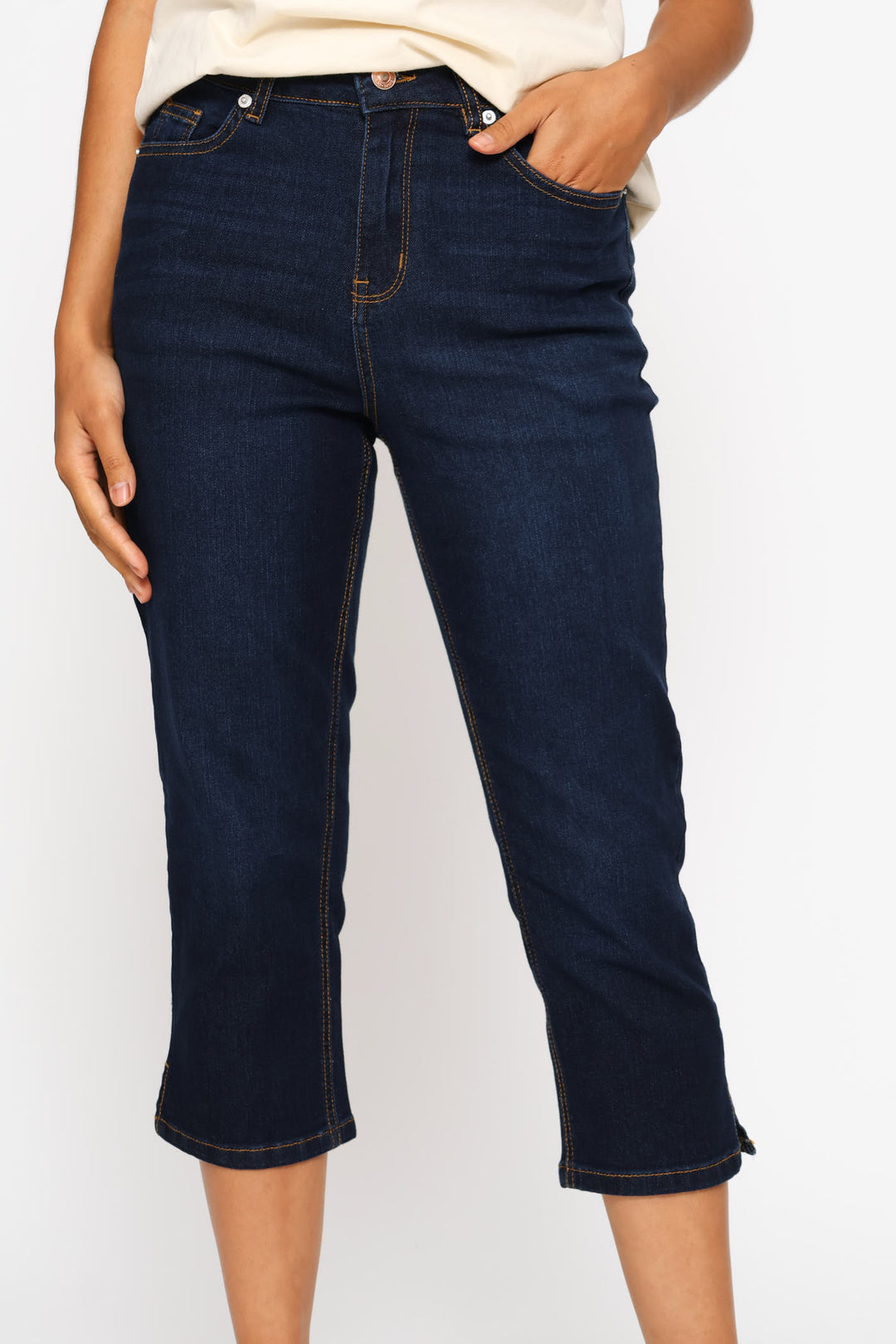 Split Hem Skinny Supersoft Denim Capri Shorts - Dark Wash