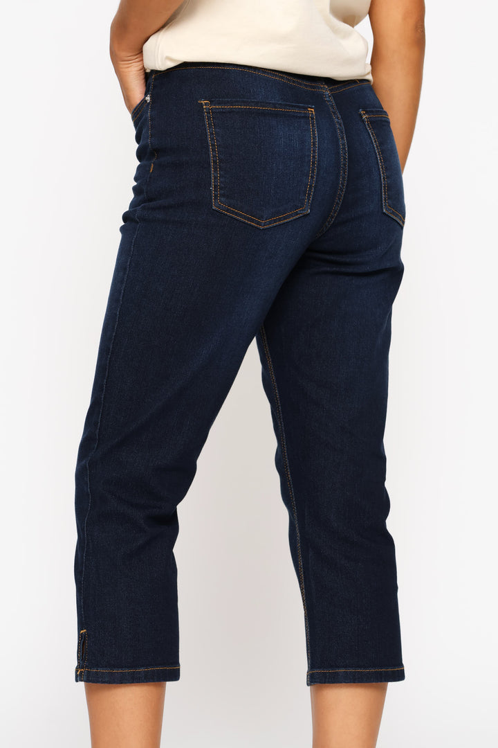 Split Hem Skinny Supersoft Denim Capri Shorts - Dark Wash