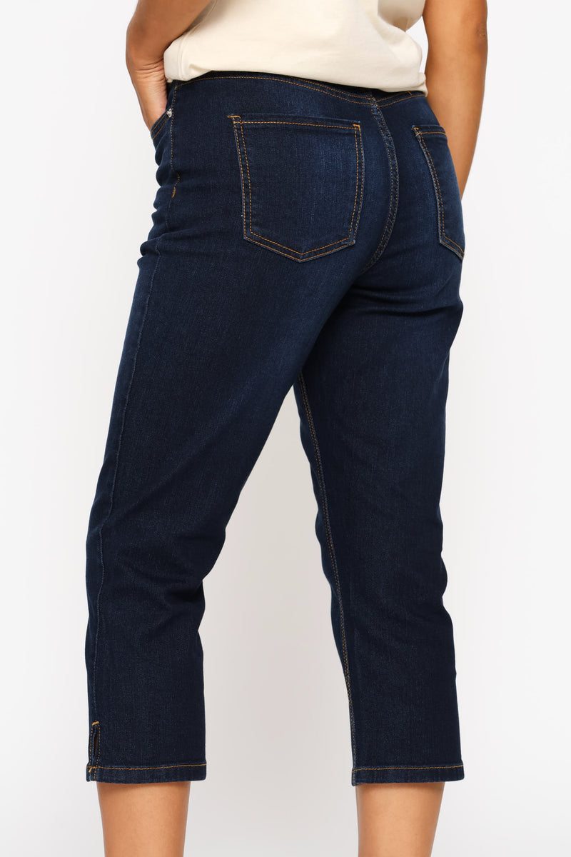 Split Hem Skinny Supersoft Denim Capri Shorts - Dark Wash