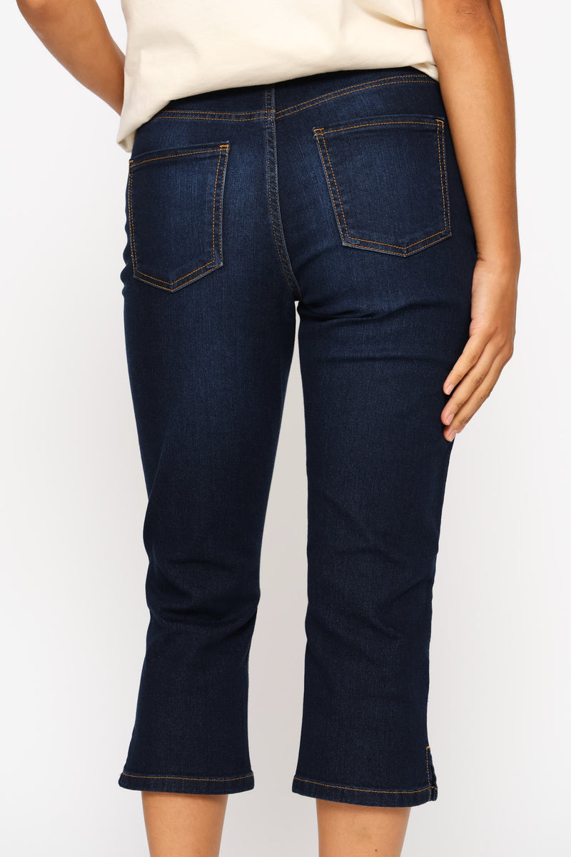 Split Hem Skinny Supersoft Denim Capri Shorts - Dark Wash