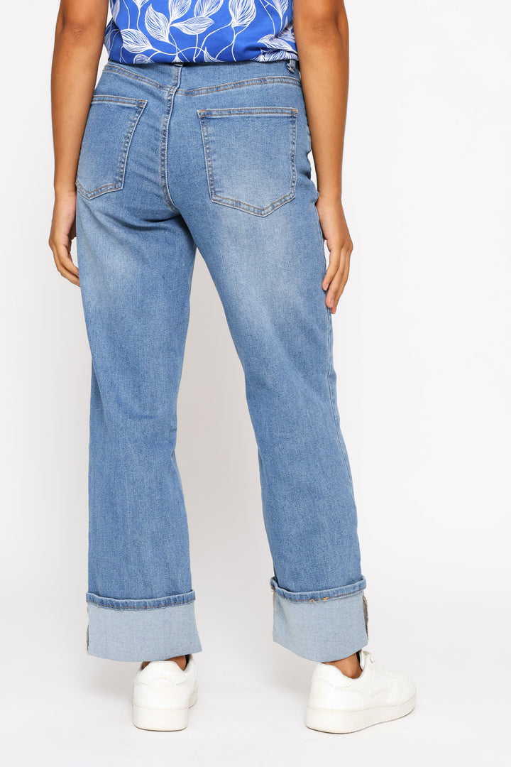 Turnup Relaxed Straight Denim With Seam Detail - Light Wash
