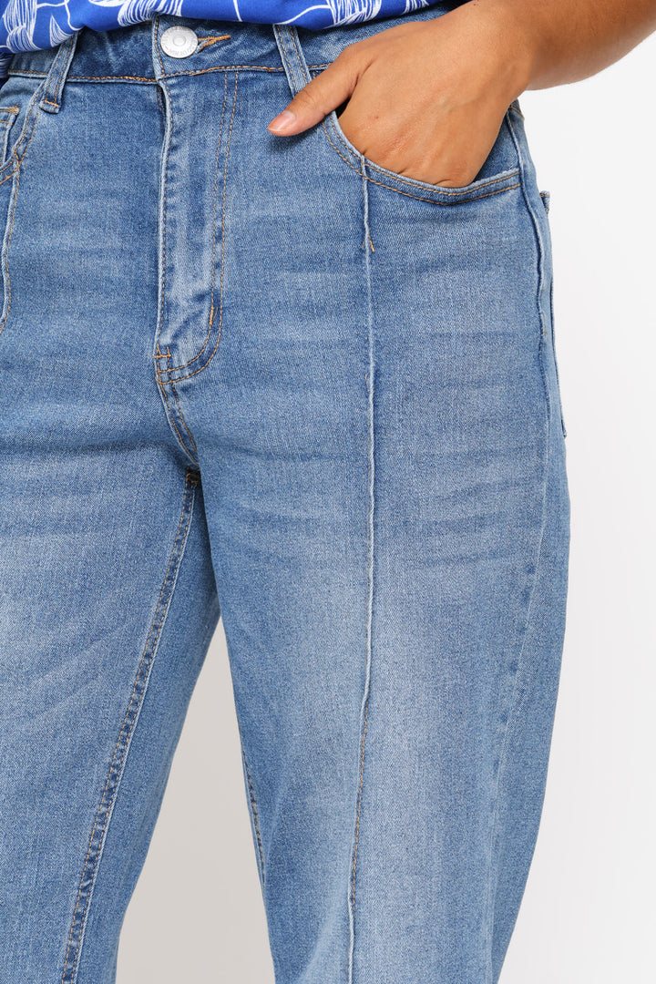 Turnup Relaxed Straight Denim With Seam Detail - Light Wash