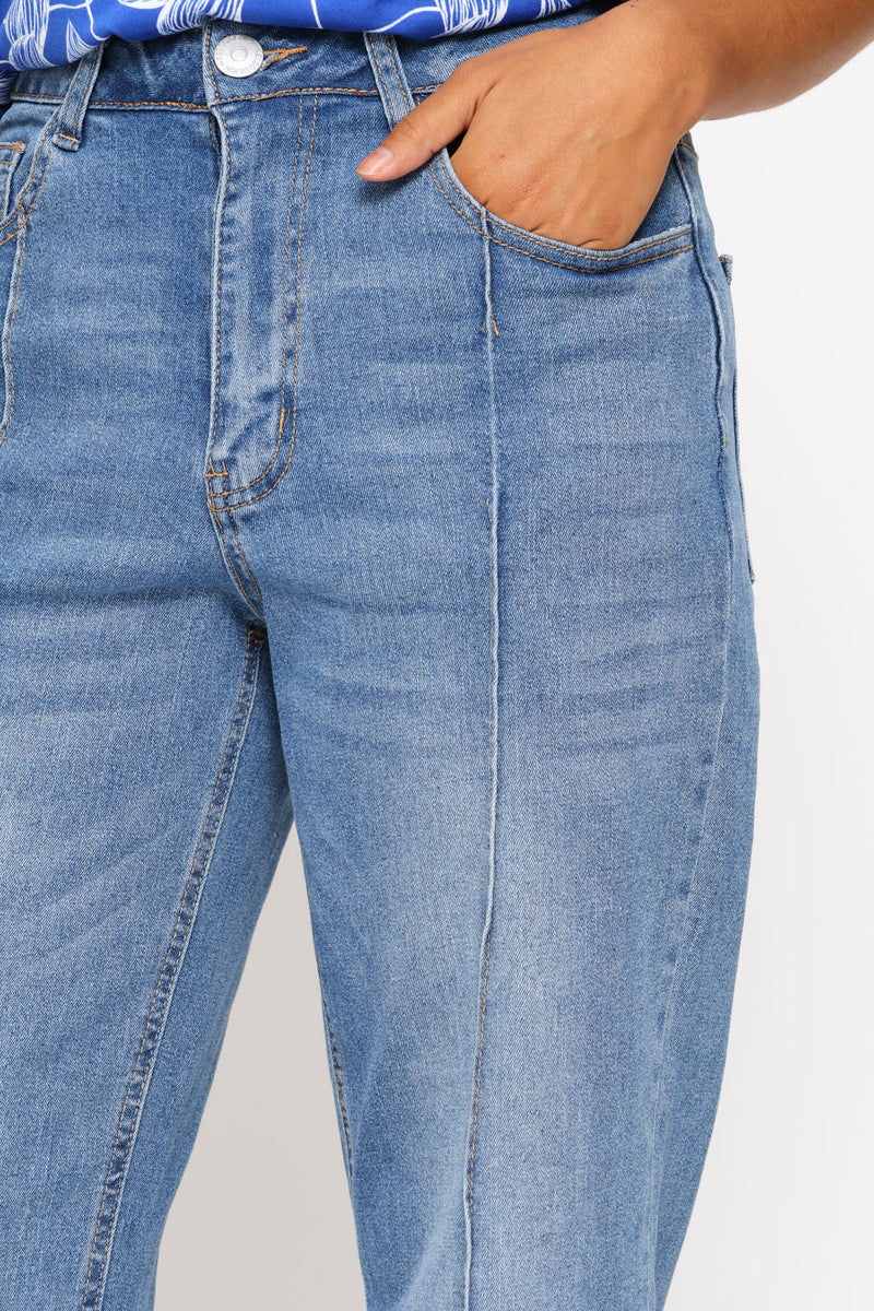 Turnup Relaxed Straight Denim With Seam Detail - Light Wash