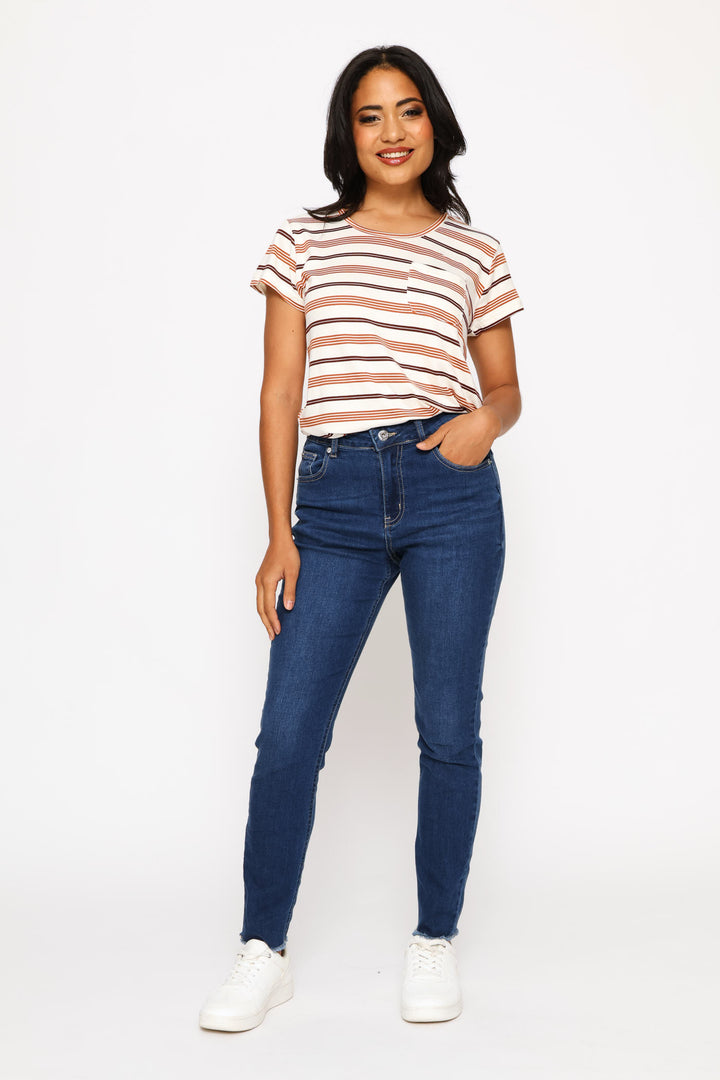 Short Sleeve Striped Pocket Tee - Stone/Chocolate