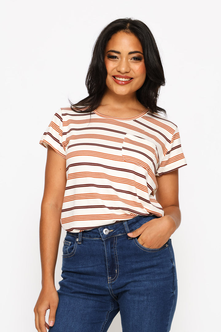 Short Sleeve Striped Pocket Tee - Stone/Chocolate