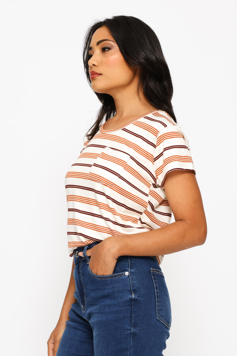 Short Sleeve Striped Pocket Tee - Stone/Chocolate