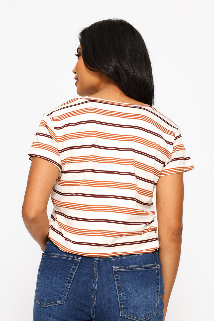 Short Sleeve Striped Pocket Tee - Stone/Chocolate