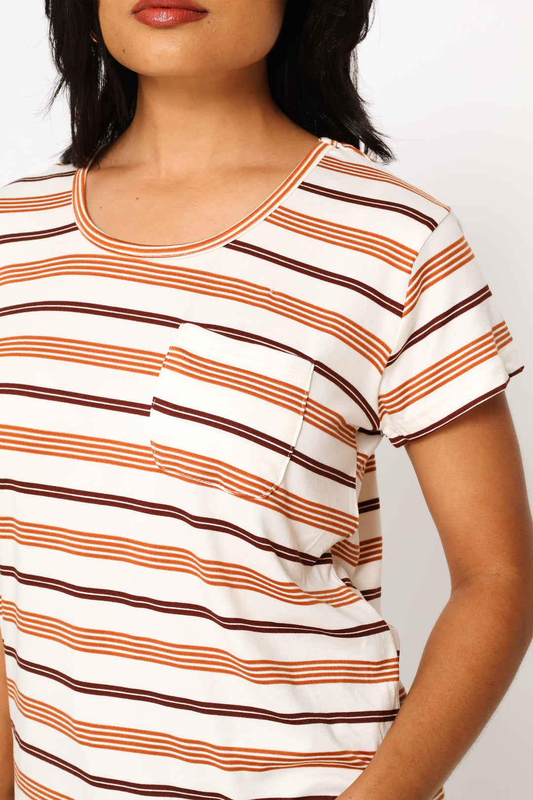 Short Sleeve Striped Pocket Tee - Stone/Chocolate