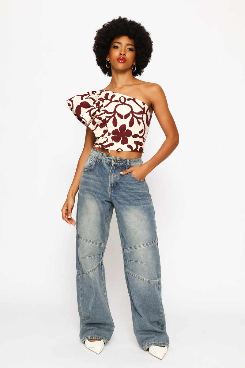One Shoulder Statement Woven Top - Multi