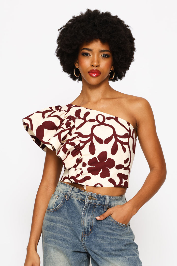 One Shoulder Statement Woven Top - Multi