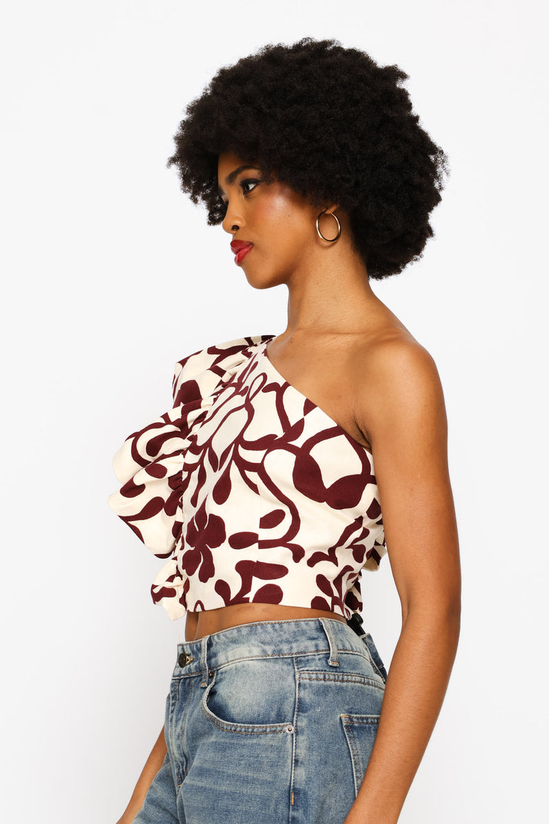 One Shoulder Statement Woven Top - Multi