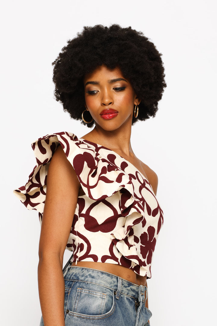One Shoulder Statement Woven Top - Multi